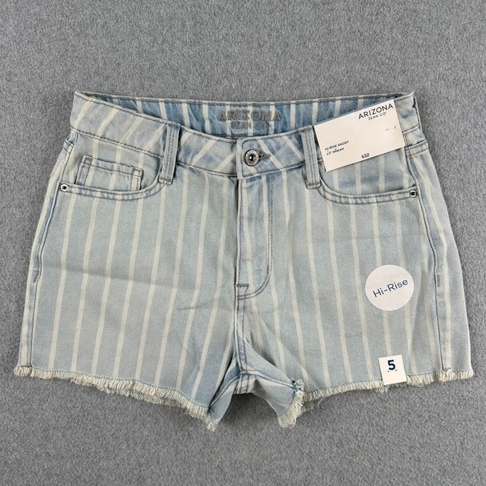 NEW Arizona Jean's Women's Hi-Rise Shorts Size 5 Lt Indigo Stripe Denim Raw Hem